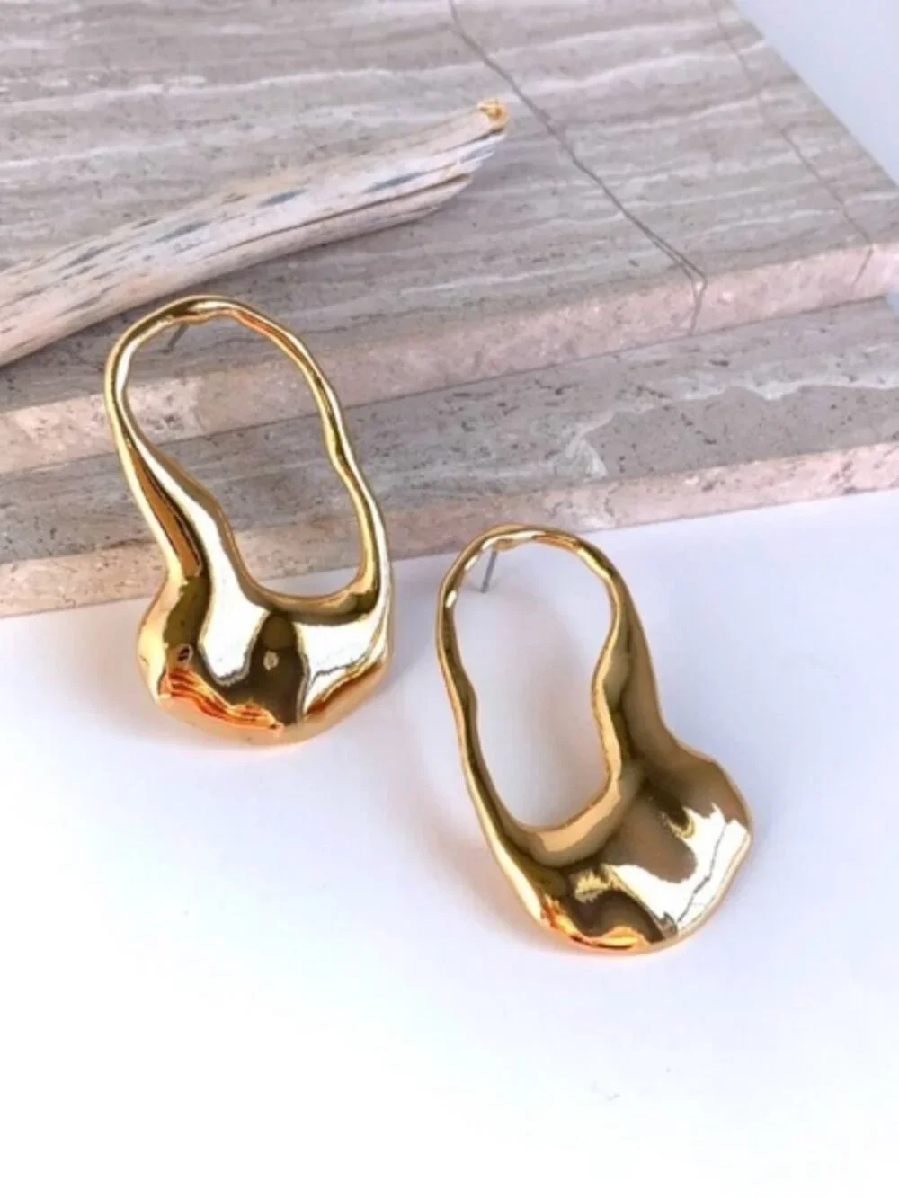 Women's 18K Gold Plated Molten Lava Hoop Earrings Organic Textured Chunky